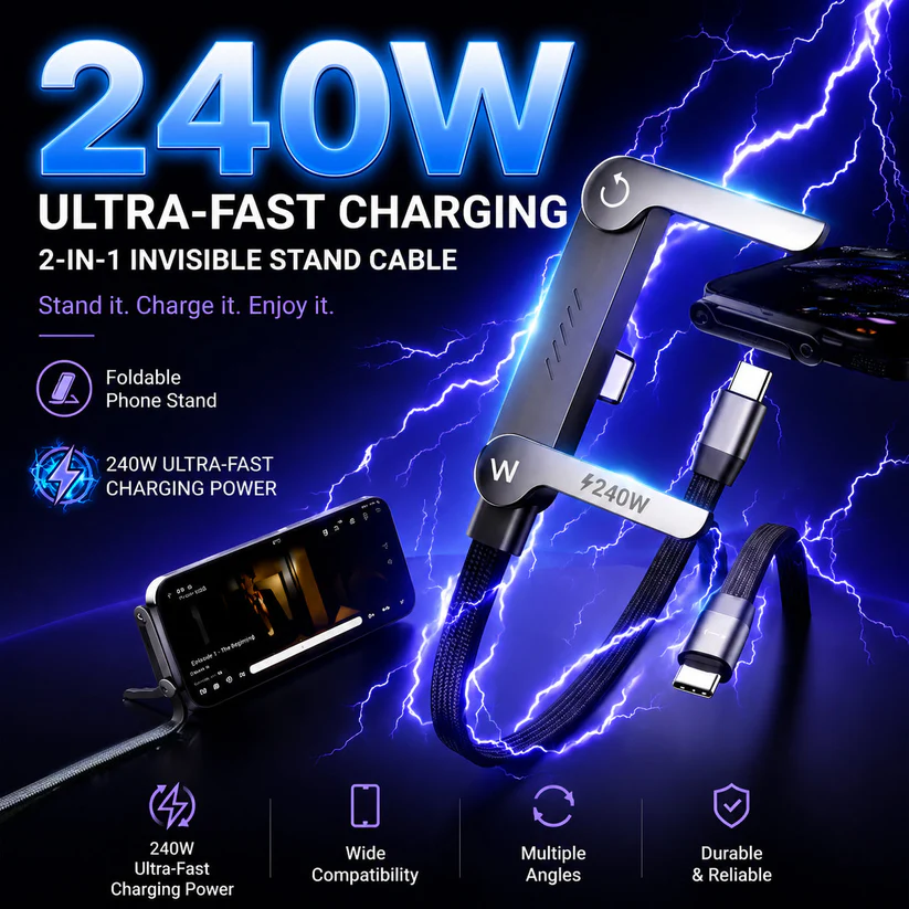 ⚡Official Authorized | 2-in-1 Invisible Holder Charger Cable - 240W Fast Charging Cord with Built-In Phone Stand