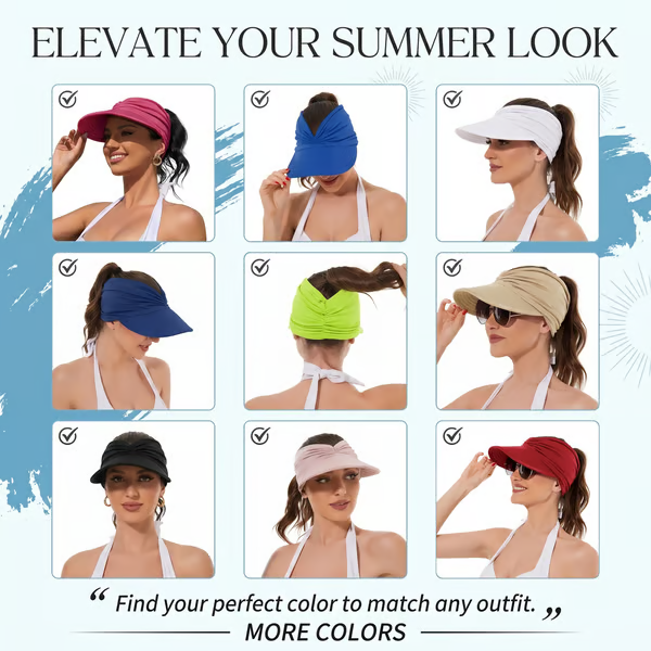 👒 UPF 50+ Sun Visor Ponytail Hat | Wide Brim, Breathable, Foldable