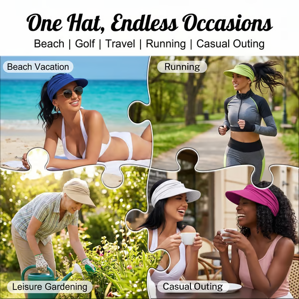 👒 UPF 50+ Sun Visor Ponytail Hat | Wide Brim, Breathable, Foldable
